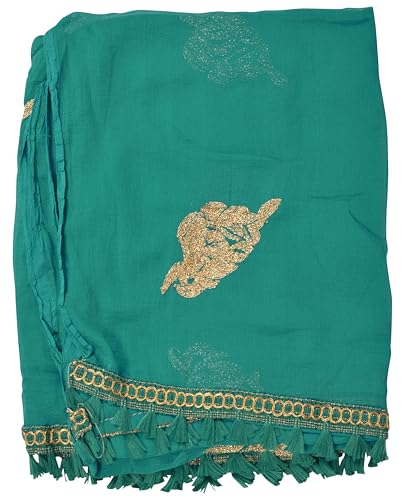 Image of YOUTHQUAKE Golden Patti Embroidered Work Chiffon Dupatta for Womens & Girls with Jaalar Lace