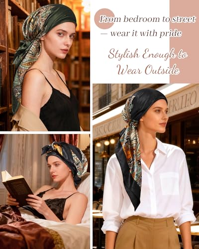 AWAYTR Pretied Head Scarf for Women - 2 Pack Chemo Patients Headwear Cancer Hair Loss Scarf Head Wrap Cover Hat Turban Cover (Cashew Flower: Black + Dark green)