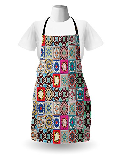 Ambesonne Moroccan Apron, Arrangement Of Ceramic Mosaic Tiles And With Mathematical Geometric, Unisex Kitchen Bib With Adjustable Neck For Cooking Gardening, Adult Size, Red Teal #TOP1
