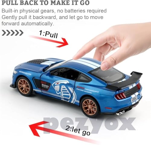 Image of Mustang Shelby GT500 Toy Car Scale Model,Pull Back Vehicles Alloy Simulation Supercar with Lights and Sound Also for Car Dashboard,Kids,Adult (Blue)