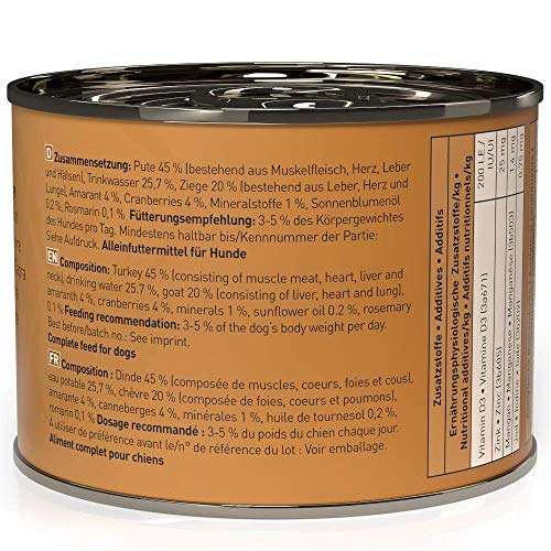 dogz finefood Hundefutter nass - N° 8 Pute & Ziege - Feinkost Nassfutter für Hunde & Welpen - getreidefrei & zuckerfrei - hoher Fleischanteil, 6 x 200 g Dose