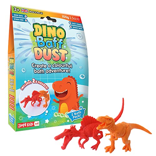 Dino Baff Dust 2 Packungen zum Baden und 2 Dinosaurier-Figuren von Zimpli Kids, magisches Badepulver mit Blasen für Kinder, Geschenk für Kinder, Dinosauriergeschenke für Jungen