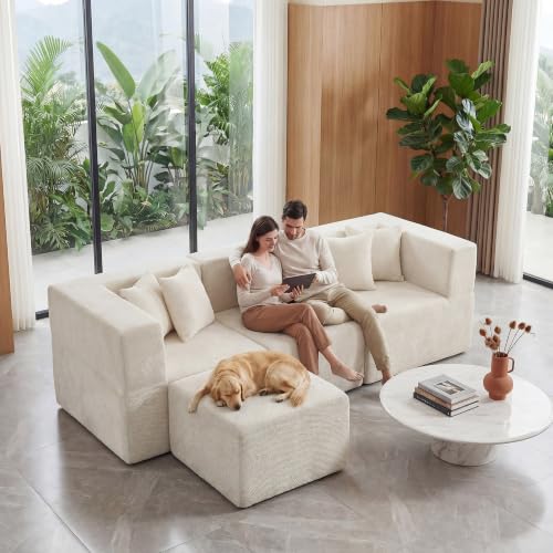 Image of MONVANE 103'' Oversized Boneless Sectional Couches for Living Room, 4-Seat L Shaped Cloud Couch, Modular Sofa with Ottoman & 4 Throw Pillows, Comfy Chenille, No Assembly Required, Beige