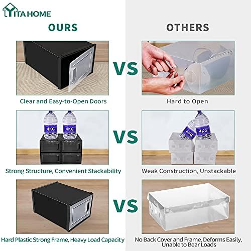 YITAHOME Shoe Box,18Pcs Stackable Shoe Containers,35.1 x 24.9 x 18.5cm,Fit up to UK Size 11,Medium Size Shoe Storage,Non-toxic Plastic Drop Front Shoe Organisers ,Black Shoe Storage Box