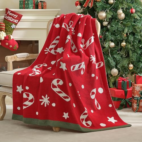 Amélie Home Christmas Knit Throw for Couch, Reversible Soft Cozy Chenille Blanket for Home Decor Gift for Family, 50' x 60', Red Christmas Candy Cane