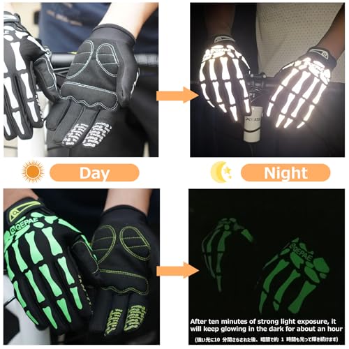 Azarxis Skeleton Gloves Reflective for Men Women, Skull Gloves Anti Slip Bike Driving Gloves for Cycling Motocycling Halloween Cosplay Party Thanksgiving Christmas (White - Reflective, Large)
