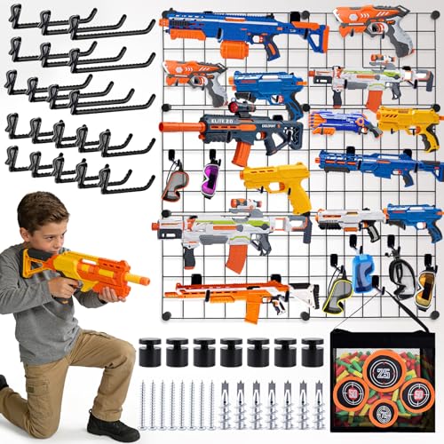 Upgraded Wall Mount Toy Gun Storage Organizer Organizer for Toy Guns with Shooting Practice Target Toys Storage Bag and Hooks Toys Gun Rack Gun Holder for Foam Blasters Guns Accessories Game Room