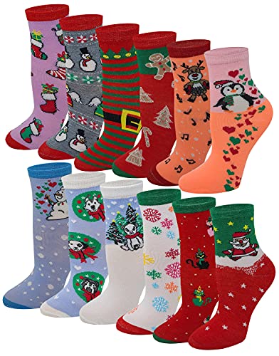 Ayla 12 Pairs Pack Kids Girls Colorful Creative Fun Novelty Design Crew Socks (6-8, Christmas)