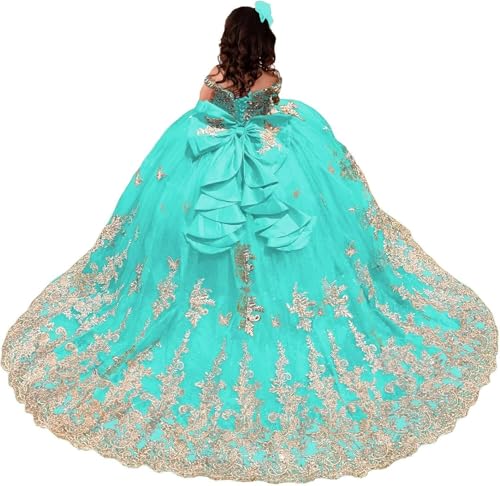 Gold Lace Flower Girl Dress Spaghetti Strap Ball Gown 3D Floral Butterfly Pageant Gowns with Bow-Knot HRY33