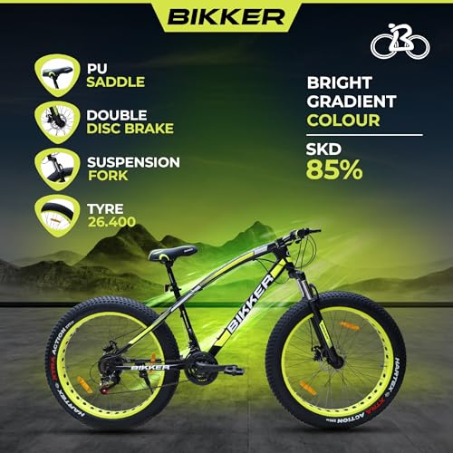 Image of Fat Tyre Cycle For Men With Dual Disc Brake, Front Steel Suspension, Multi Speed Unisex Cycle (12+ Years) I Frame Size: 18 inch inch| 85% Assembled Easy Self-Assembly (Black-Green), Road Bike