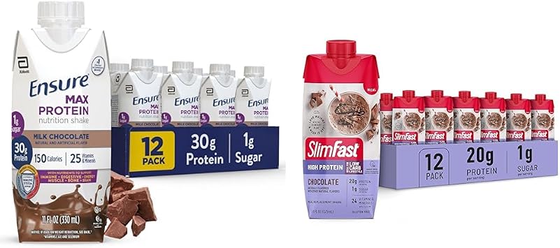 Ensure Max Protein Nutrition Shake 30g Protein 12 Pack + SlimFast High Protein Meal Replacement Shake Chocolate 20g Protein 24 Vitamins and Minerals 12 Pack