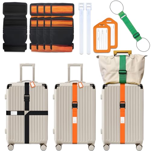Image of 8 pcs Luggage Straps, CNYMANY 2-in-1 Travel Belt Add a Bag Luggage Strap, Adjustable Luggage Straps for suitcases Over Handle for Carry On Bag Airport Travel Accessories - Orange, Green, Black