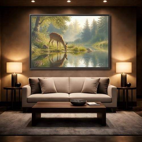 Tableau cerf et lapin de la forêt cadre espresso 45x30cm