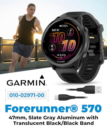 Image of Garmin Forerunner 570 47mm Advanced GPS Running & Triathlon Smartwatch, AMOLED Display, Training & Recovery Features, Slate Gray Aluminum w /Translucent Black /Black Band w / Wearable4U PowerBank Bundle