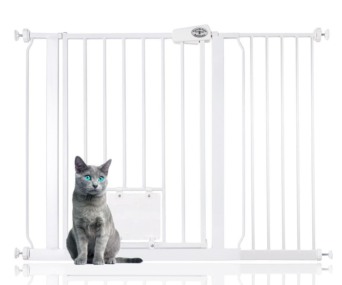 Bettacare Pet Gate with Lockable Cat Flap, 107.4cm - 115cm, White, 75cm in Height, Dog Safety Barrier with Cat Flap, Easy Installation