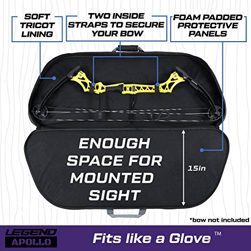 Legend Apollo Travel Compound Bow Case - Soft Bow Case With Spacious Storage Pockets & Lightweight Design - Shock Absorbing Foam Padding & Tricot Lining, Arrow Tube Holder - 40" Interior-Black/Purple #TOP3