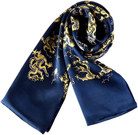Charmeuse Satin Silk Scarf for Men (Blue with Dragon Print)