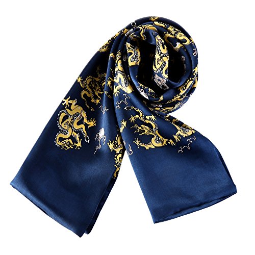 Charmeuse Satin Silk Scarf For Men (Blue With Dragon Print) #TOP23