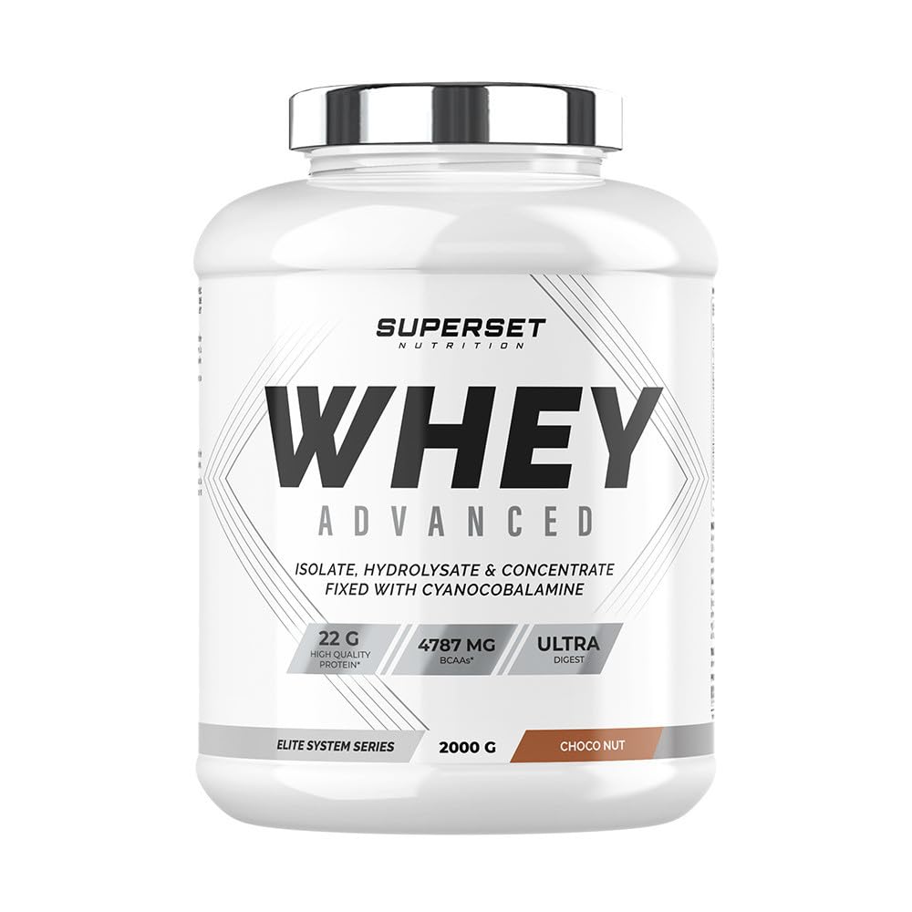 Superset Nutrition - 100% Whey Proteine Advanced (2kg) - 74% de protéines - Isolat + Concentrat + Hydrolysat, Digestion optimisée, Riche en BCAA et en glutamine - Choco-Nut