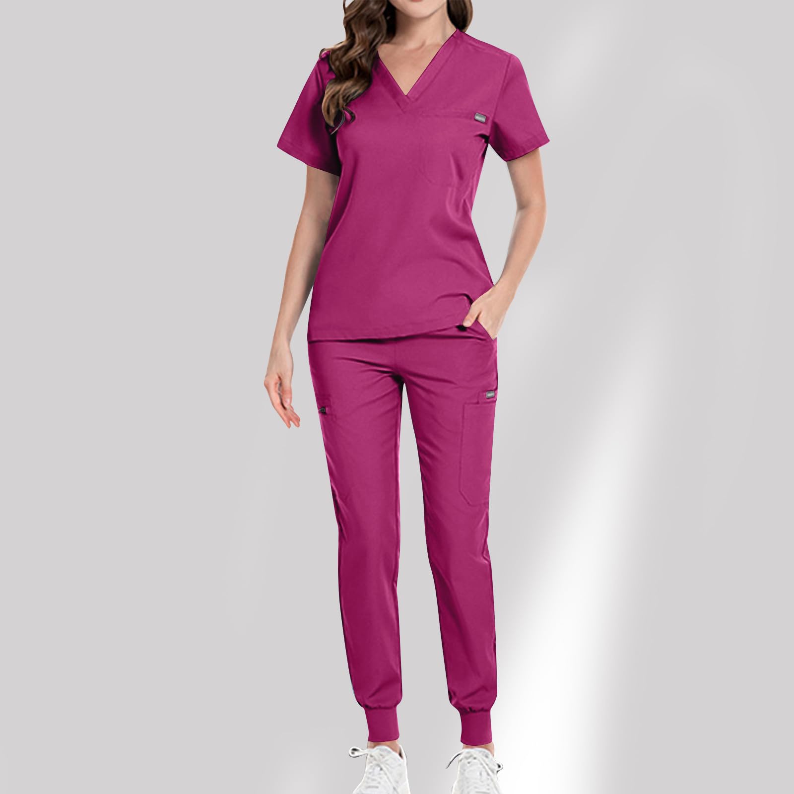 HAOLEI Uniformes Sanitarios Mujer Médico Mono Conjunto Cuello en V Camiseta de Manga Corta con Bolsillo Pantalones de Secado Rápido Ropa de Enfermera Profesional Uniforme Estetica Mujer