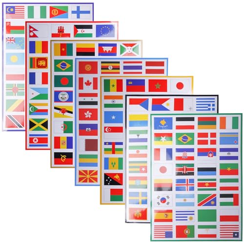 Juego de 224 pegatinas de banderas de países en 7 hojas DIN A4, resistentes a los rayos UV, resistentes al agua, pegatinas de banderas de países para modelismo, maletas, decoración (todo el mundo)