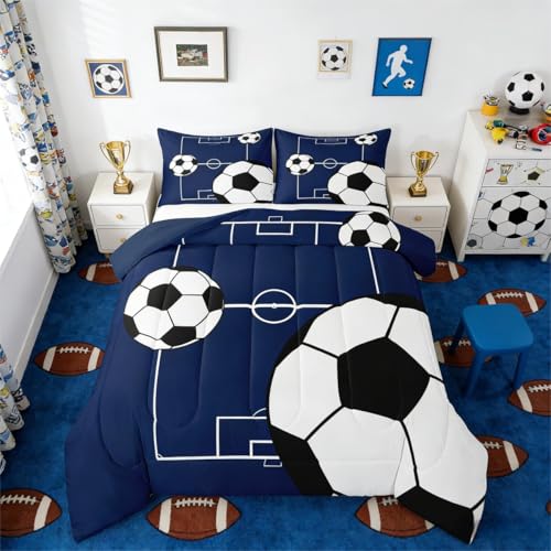 Erosebridal Football Comforter Set Twin Size Boys Sports Theme Comforter for Teens Soccer Ball Pattern Bedding Set Football Court Quilt Bedroom Decor Playground Blue White for Kids Girls