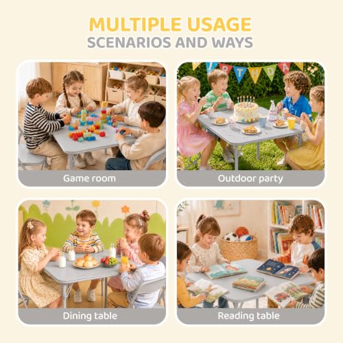 Image of JOYMOR Kids Folding Table and Chairs Set, 5-Piece Metal Frame Activity Set with Easy-Fold Design for Playroom & Classroom, Gray