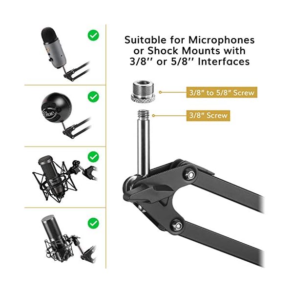 TONOR Mikrofon Ständer, einstellbarer Mikrofonarm mit Popschutz, 3/8" bis 5/8" Adapter, Mikrofonclip, verbesserte Hochleistungsklemme für HyperX QuadCast Blue Yeti Rode Elgato etc. Microphone (T20) – Bild 5