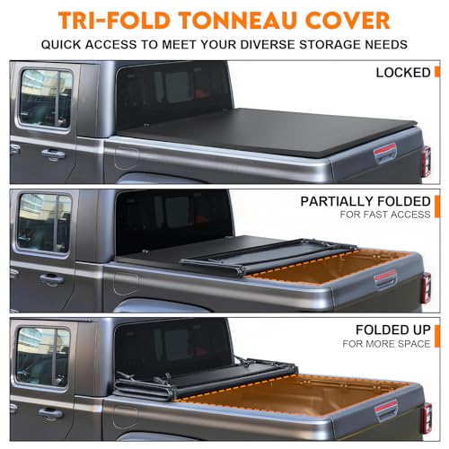 Image of RHOBRA Soft Tri-Fold Truck Bed Tonneau Cover Compatible with 2020-2026 Jeep Gladiator JT 5ft Bed (w or w /o Track Rail System), 26.5oz Heavy-Duty Vinyl, Weather Resistant Bed Cover for Pickup Truck