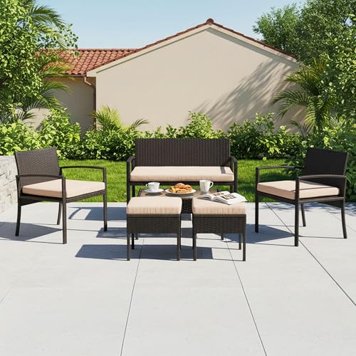 Image of DEVOKO 6-Piece Patio Outdoor Furniture Set Indoor Outdoor Hand-Woven HDPE Rattan Patio Chairs Use for Porch, Balcony, Garden, Poolside (Dark Brown & Cream)