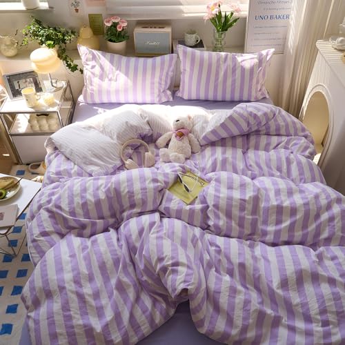 Image of EAVD Farmhouse Purple Striped Duvet Cover King Soft Washed Microfiber Pink White Vertical Striped Bedding Set with 2 Pillowcases Modern Geometric Pattern Duvet Cover with Zipper Closure