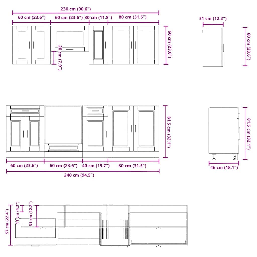Set di 8 mobili da cucina Porto in legno di rovere affumicato