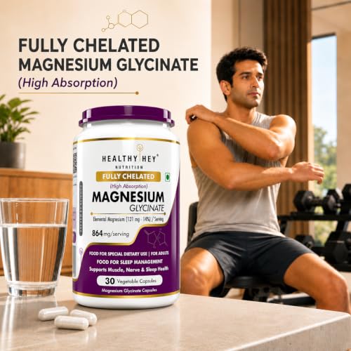 Image of HealthyHey Nutrition Magnesium Glycinate 14% Fully Chelated Supplement High Absorption for Sleep, Cramps, & Nerves Health - 30 Vegetable Capsules