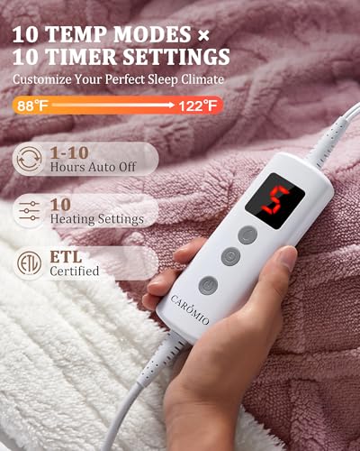 CAROMIO Electric Blanket Full Size - Thick Tufted Sherpa Heated Blanket Full Size with 10 Heat Levels and 10 Time Settings, ETL Certified Machine Washable Fast Heating Blanket Full 72"×84", Dusty Pink