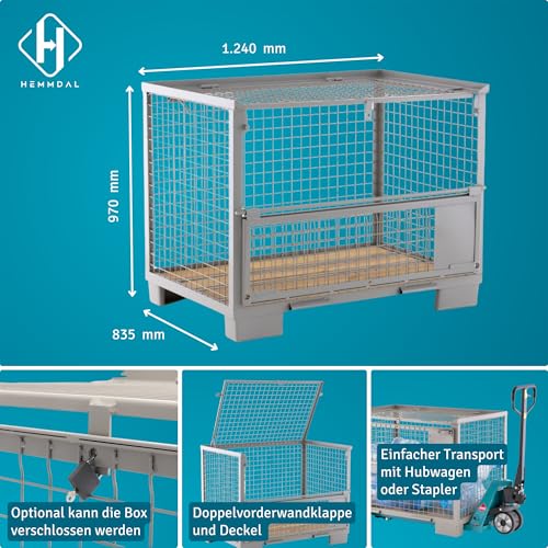 HEMMDAL Euro-Gitterbox mit halb abklappbarer Längswand | 1.500 kg Tragkraft | HxBxT 97 x 124 x 83,5 cm | Grau | 5 x 5 cm Maschenweite | aus Stahl | stapelbar| Gitterbehälter