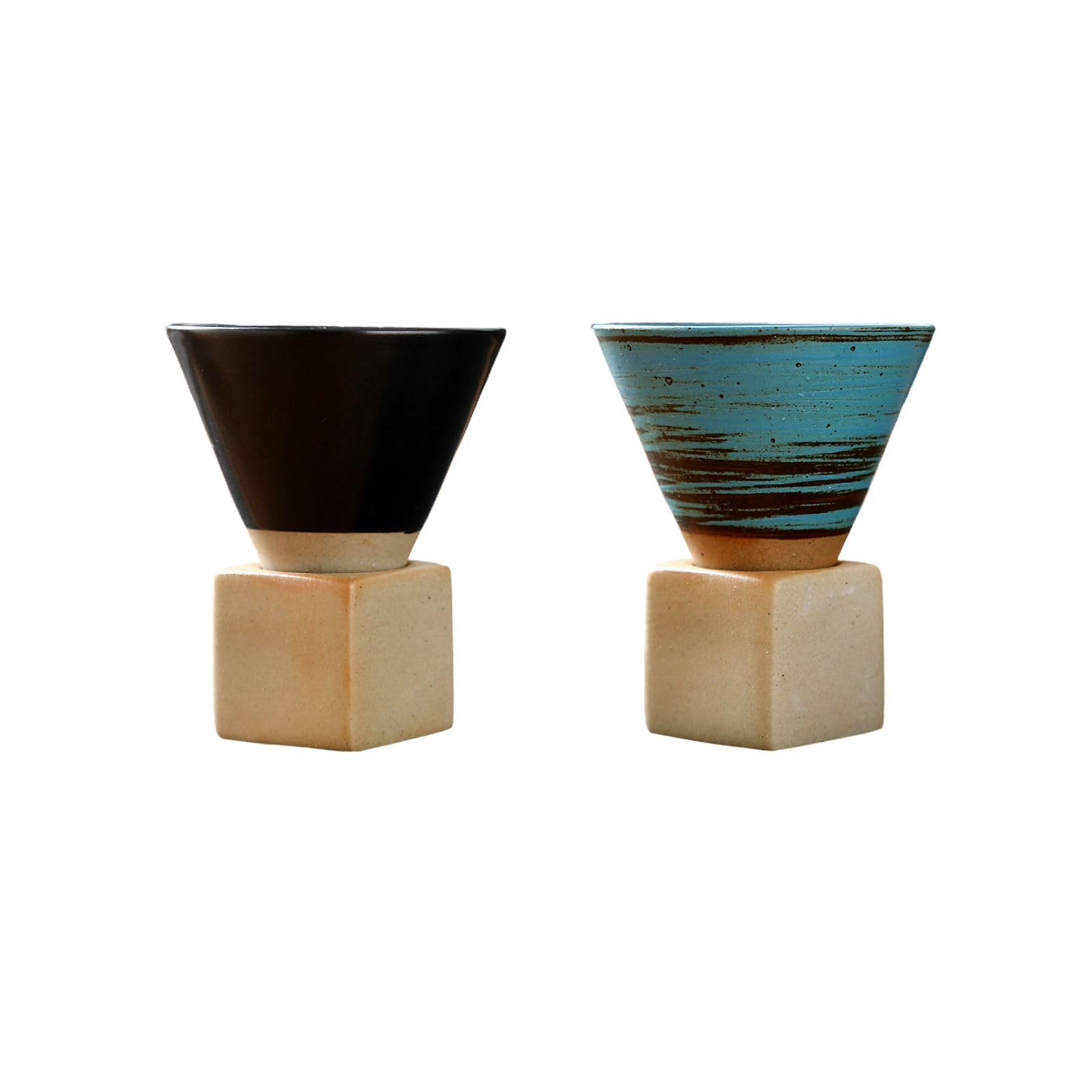 BEIJIALY 2 Pcs Coarse Pottery Coffee Mug with Base, 200ml Ceramic Japanese Coffee Tea Cup Mug, Creative Triangular Cone Shape Porcelain Mug for Home Office(Blue Black)