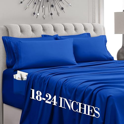 Image of Mocassi Luxury 6-Piece Sheet Set, Ultra Soft 1800 Premium Hotel Quality Microfiber Sheet Set, Fits Mattresses Up to 18 to 24 Inches Extra Deep Pocket - Breathable and Secure Fit, Queen, Imperial Blue