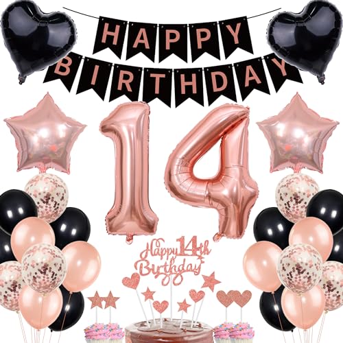 Deko 14. Geburtstag Mädchen Rosegold Schwarz Set - Tortendeko für Junge mit Banner Ballons Luftballons - Geschenk für 14.ter Geburtstag