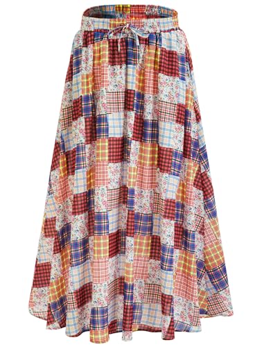 Maxi Skirt for Women Floral Boho A-line Long Summer Skirts with Elastic High Waist Adjustable Drawstring Pockets