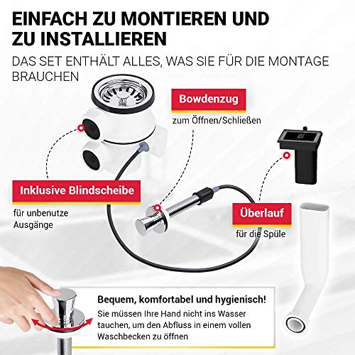 VIOKS Siebkorbventil 70mm mit Excenterventil Zugbetätigung und Abtropf-Überlauf Siebkorb Ventil für Küchenspüle Ersatzteile für Spüle Made in Germany - Image 3