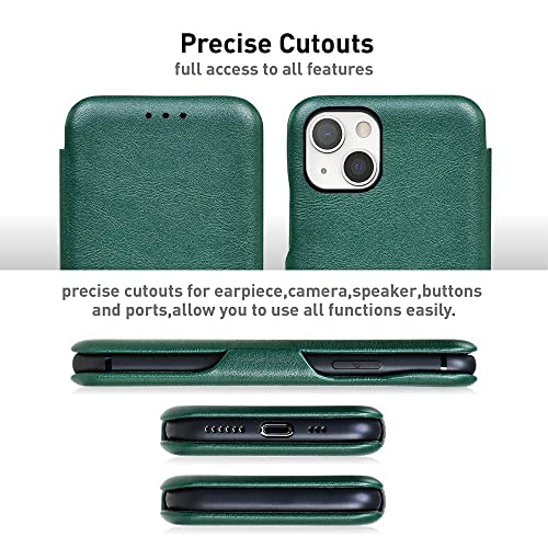Image of PULOKA for iPhone 13 - Sleek Flip Case - Premium Vegan Leather Phone Cover with Card Slot - Slim, Durable, Privacy Protection - Kickstand Function - Elegant Flip Wallet Cases for Apple - Green