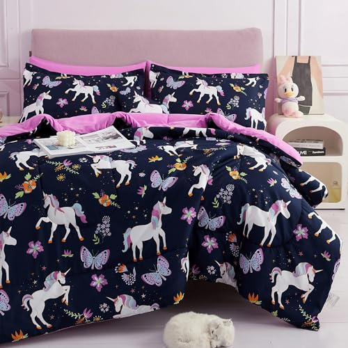 Mooreeke Kids Comforter Bed Set Twin Size for Girls 6 Pieces Bed in a Bag with Shams Sheet Set Purple Pink Unicorn Twin Soft Microfiber Kids Comforter Bedding Set