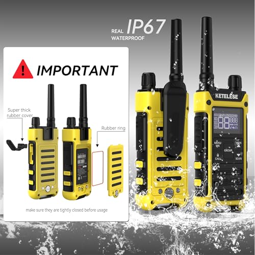 Image of KETELESE T3F IP67 Waterproof Two Way Radios, FRS Walkie Talkie 4 Pack with Earpieces,USB C Charge Dock,Group Talk,Flashlight,VOX,Weather Alert, for Adults, Black /Yellow