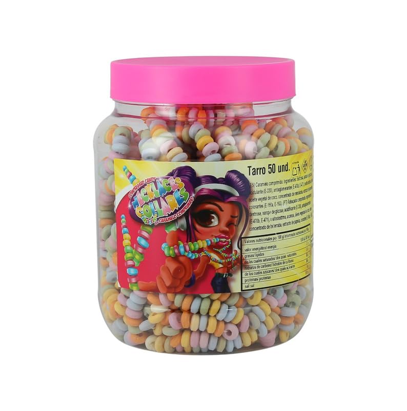 Collares de Caramelos de Dextrosa en Tarro – 50 Collares Multicolor de Caramelos Comprimidos, Sin Gluten, Dulces Tradicionales de Fiesta y Carnaval, Sabor Frutal, Ideal para Regalo o Compartir