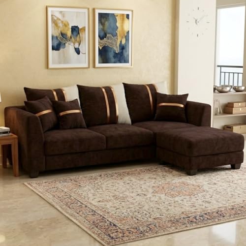 Image of Vero 4 Seater L Shape Sofa Set with Movable Ottoman | Flexible Left or Right Layout | Luxury Velvet Suede Fabric | Modern Living Room Sofa | Dark Brown