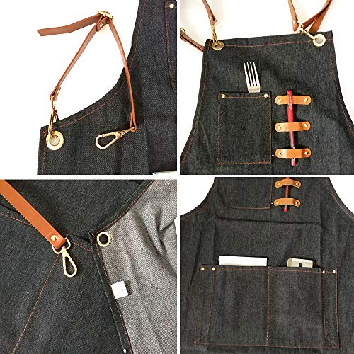 Zhongpai New Denim Jean Work Apron, Adjustable Shop Apron Chef Apron With Cross-Back Pu Straps #TOP4