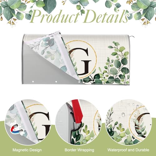 Image of Tiamon Monogrammed G Mailbox Covers Magnetic Eucalyptus Welcome Letter Box Wrap Standard Size 21x18 Inch Spring Summer Leaves Mailbox Decor Eucalyptus Letter Numbers Decoration for Outdoor Garden Yard