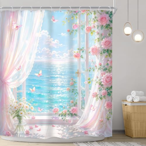 Image of Riyidecor Pink Ocean Floral Shower Curtain 72Wx72H Inch Coastal Beach Scenery Summer Roses Botanical Butterfly Beachside View Aesthetic Girls Bathroom Decor Fabric Polyester Waterproof 12 Pack Hooks