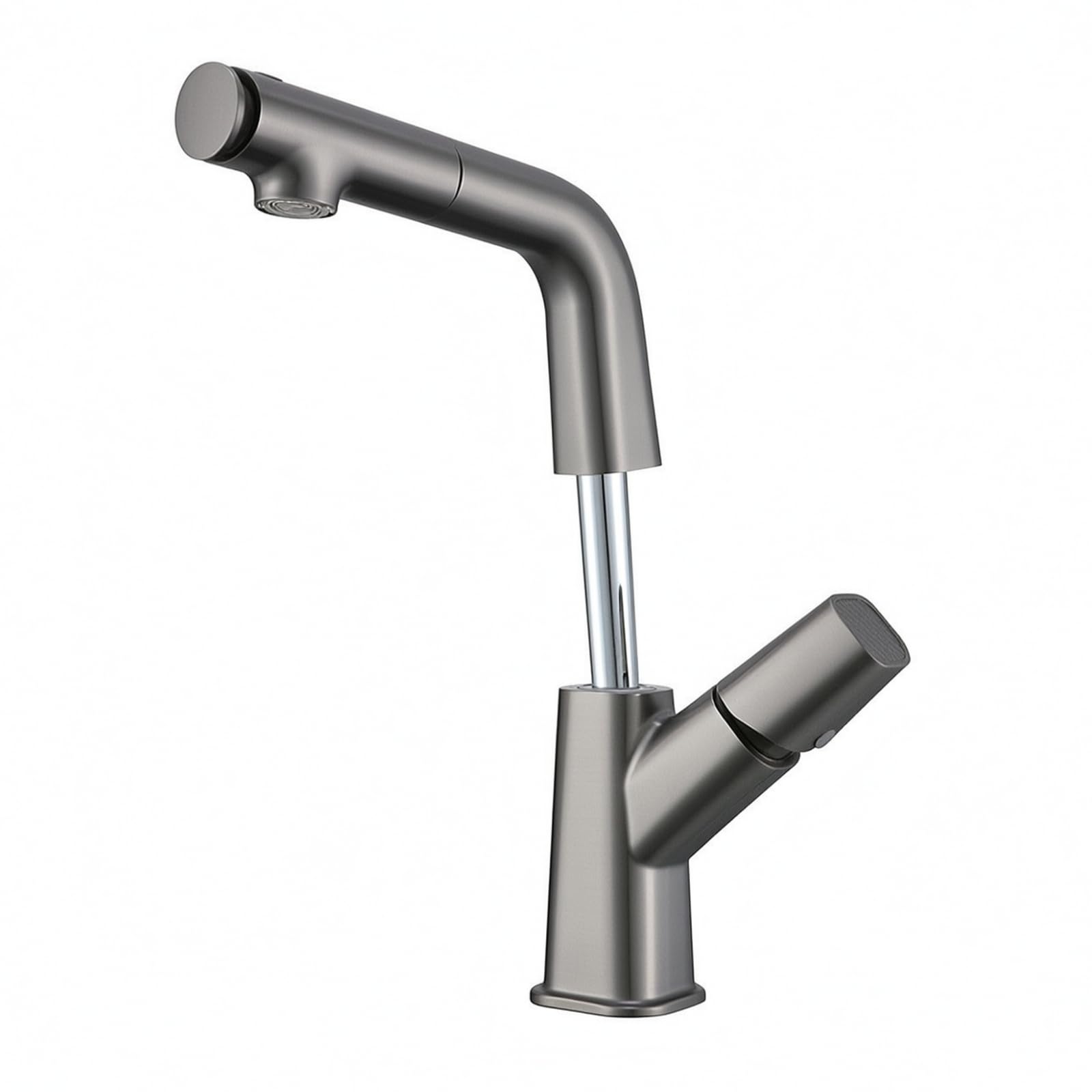 Grifo Extraíble para Lavabo Grifo Monomando Grifería de Baño Mezclador de Agua con Alto Tipo Cisne Control con una Mano Material Metálico Apto, Gris Pistola, Moderno Minimalista