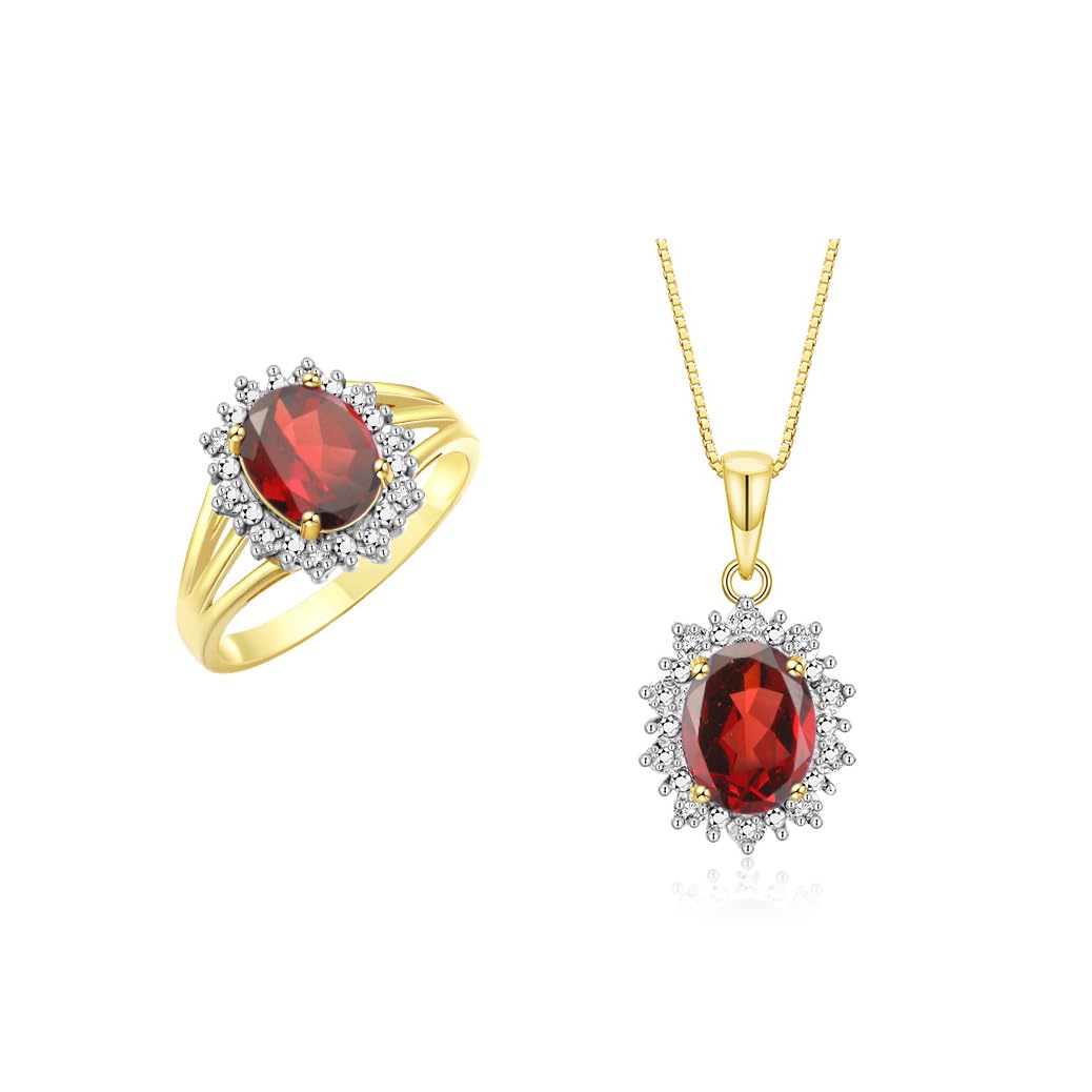 Rylos Women's Yellow Gold Plated Silver Princess Diana Ring &amp; Pendant Set. Gemstone &amp; Diamonds, 9X7MM Birthstone. Matching Friendship Jewelry, Sizes 5-10.